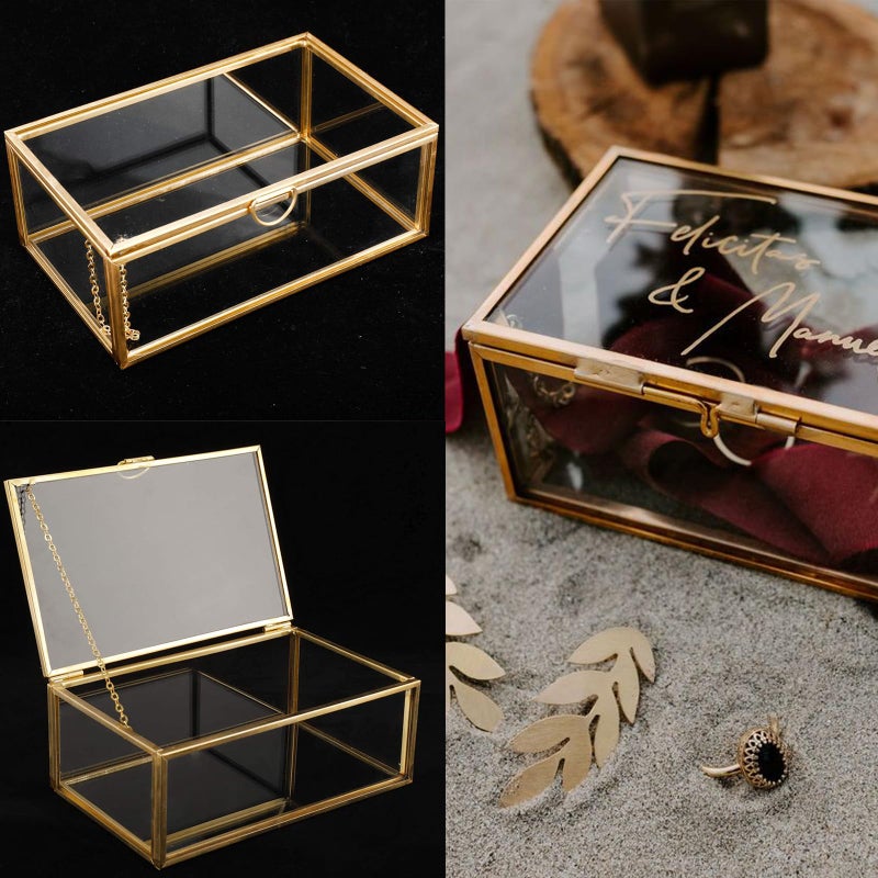 HighFree Vintage Glass Box with Lid - Clear Jewelry Glass Display Box Keepsake Box - Home Decor Decorative Box for Trinket Rings Bracelet (Gold, X-Small) - Image 3
